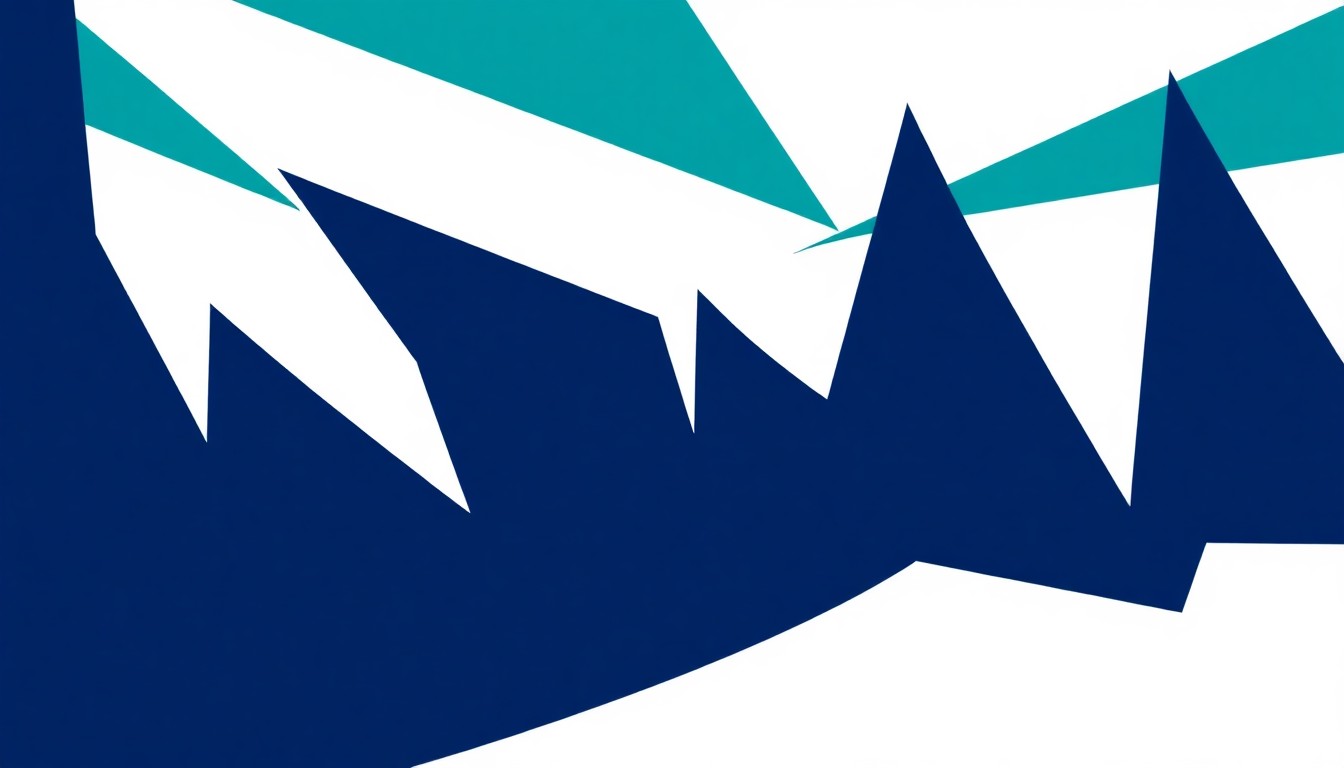 An abstract, minimalist illustration featuring bold, jagged shapes in shades of navy, teal, and white, conceptually representing the media industry and the art of storytelling.