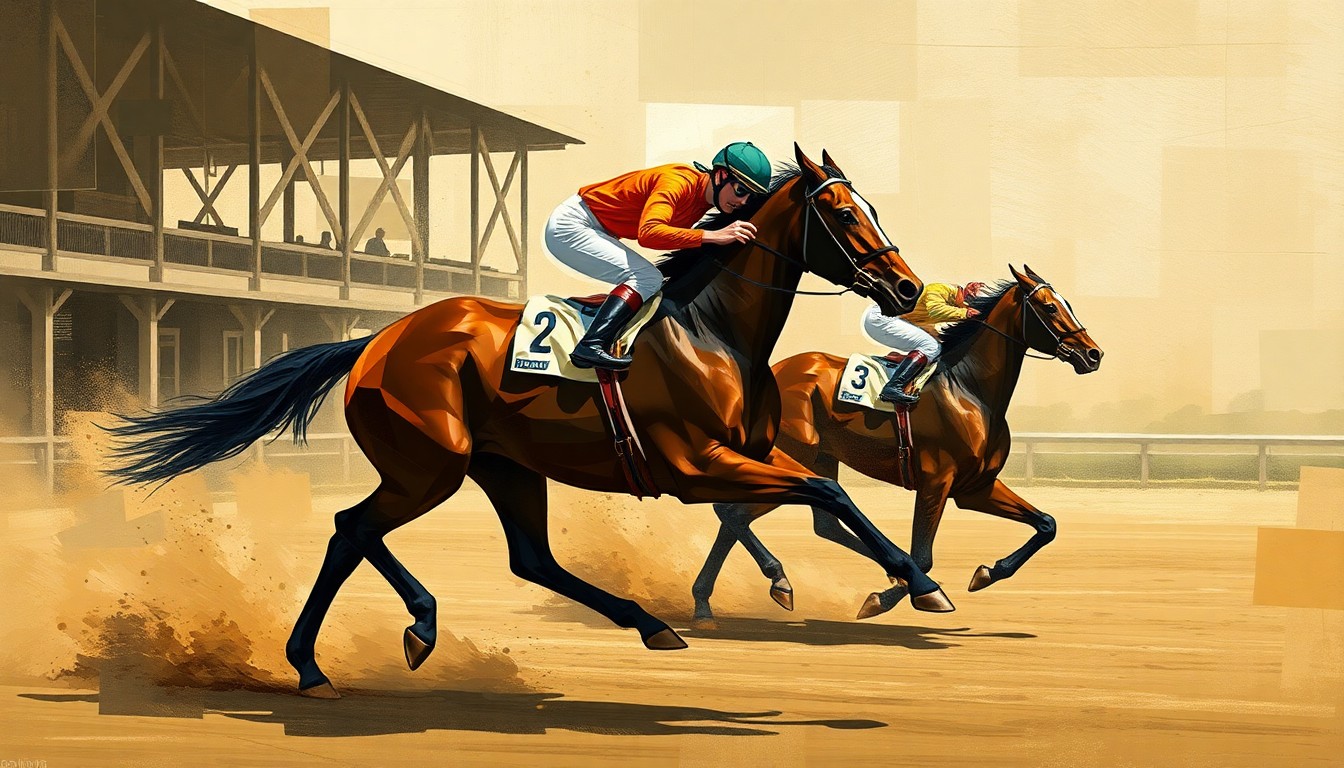 A fractured, multi-perspective painting depicting a racehorse in motion, broken down into sharp, overlapping geometric shapes in earthy tones, conveying the sport's intensity and the bittersweet transition of a champion's retirement.