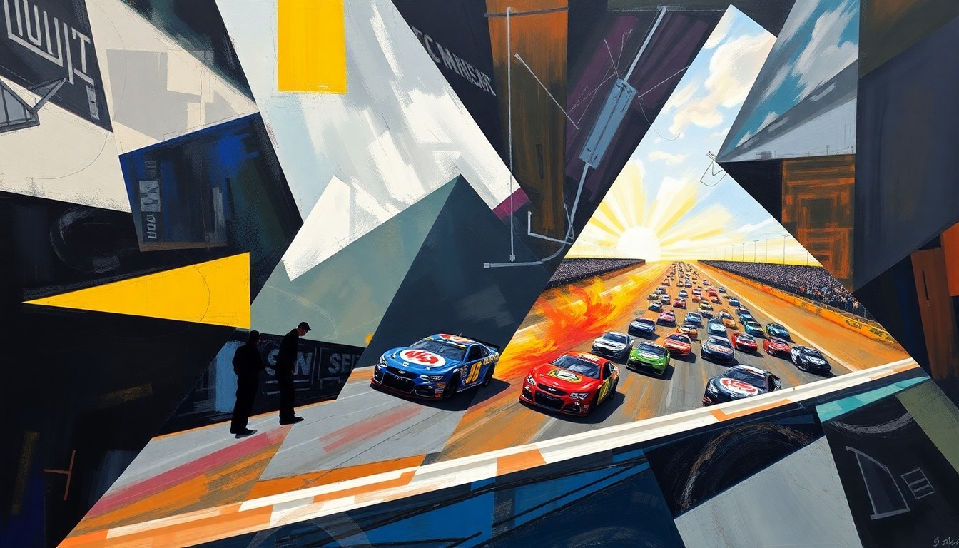 A fractured, geometric painting depicting the intense action of an ARCA East Series race, with cars and drivers reduced to abstract shapes and forms, conveying the raw energy and drama of the competition.