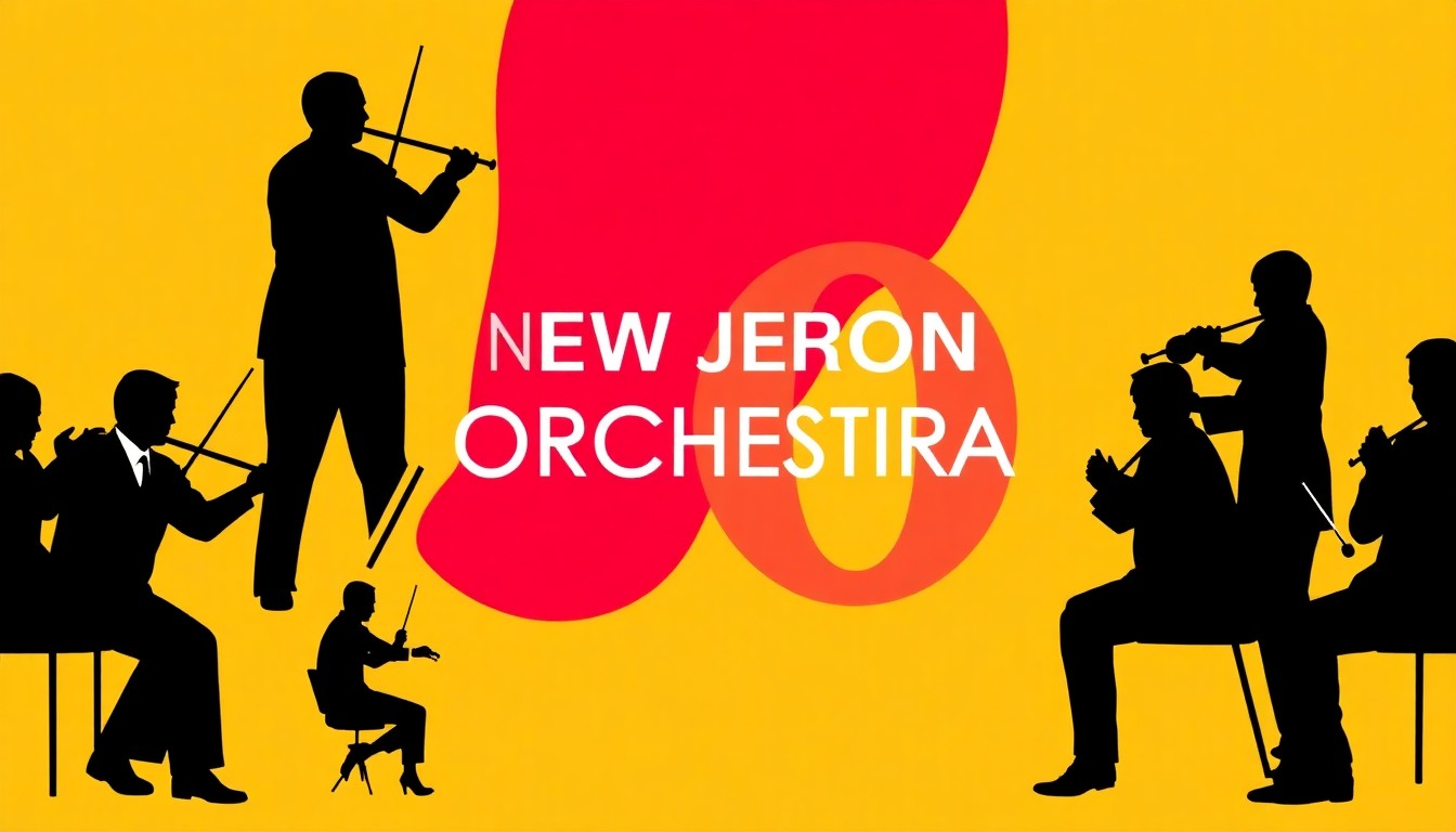 A minimalist, abstract illustration featuring bold black silhouettes of musical instruments and geometric shapes in a high-contrast color palette, conceptually representing the 50th anniversary celebration of the New Jersey Symphony Orchestra.