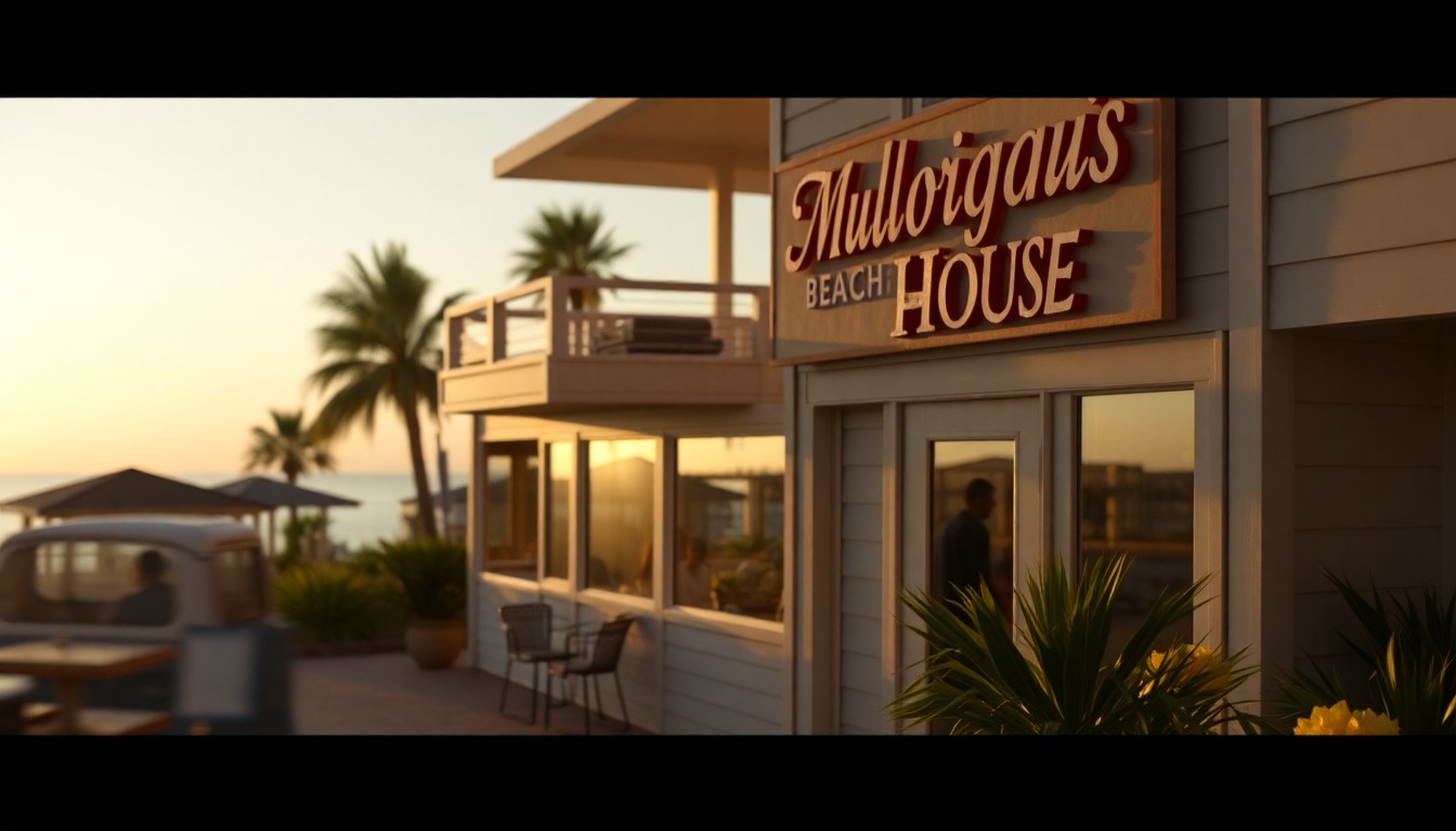 An abstract, impressionistic photograph of a waterfront restaurant, with the building and surrounding palm trees and water blurred into soft, warm pools of light and color, conveying a sense of nostalgia and the passing of time.