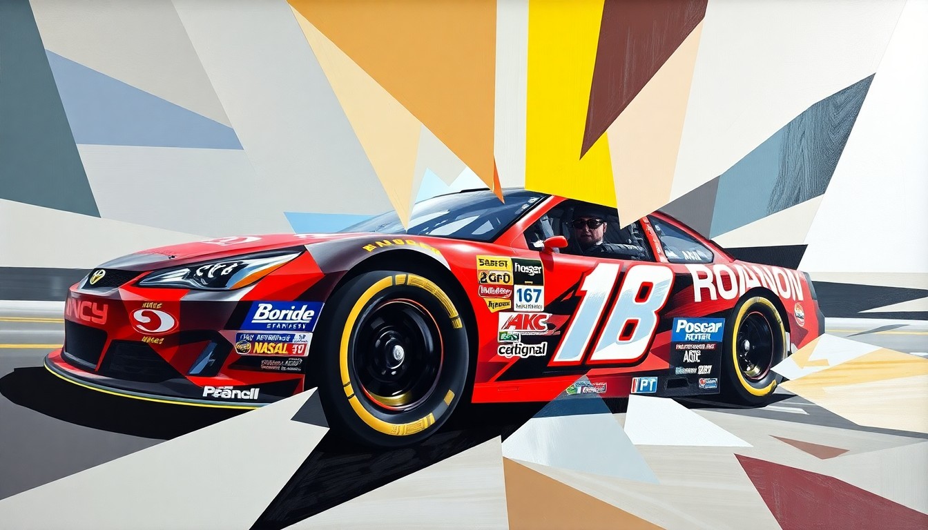 A fractured, geometric painting depicting a NASCAR race scene broken down into sharp, overlapping planes of color, with the car and driver abstracted into angular, cubist shapes.