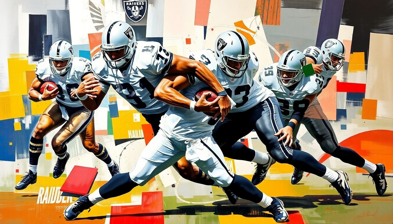 A cubist, geometric painting depicting a football player in mid-defensive action, their body fractured into sharp, overlapping planes of silver, black, and white, capturing the intensity and dynamism of the sport.