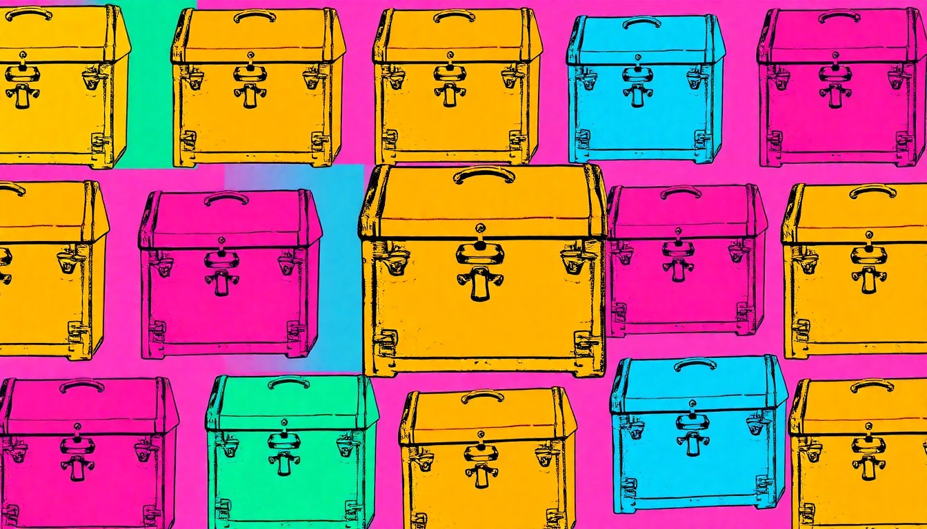 A bold, colorful silkscreen print featuring a grid of stylized iron chests in neon shades of blue, green, and pink, conceptually representing the historical significance and modern interpretation of the Old Treasury Building's security measures.