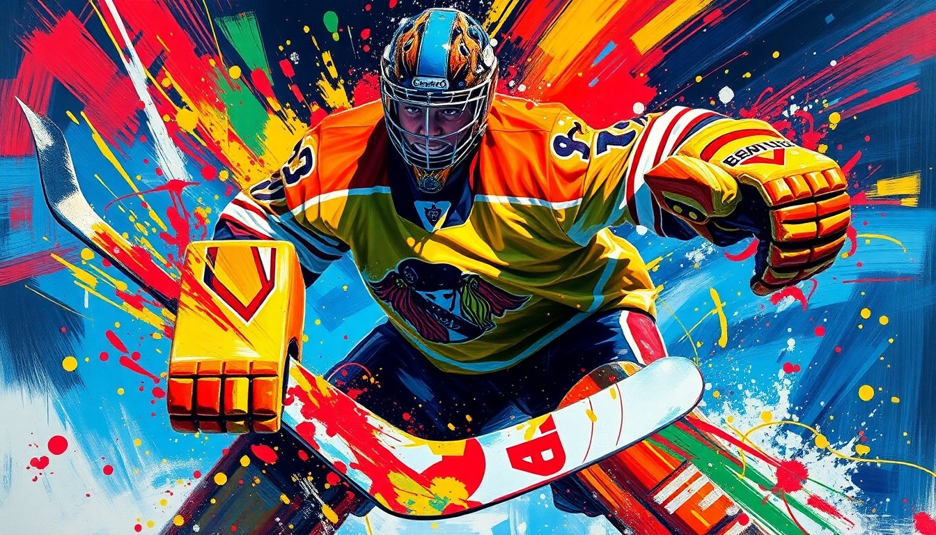 An abstract, expressionist painting featuring bold, neon-colored brushstrokes that capture the dynamic motion and emotion of a hockey goaltender making a save, with the player's face and jersey dissolved into unrecognizable splatters of paint.