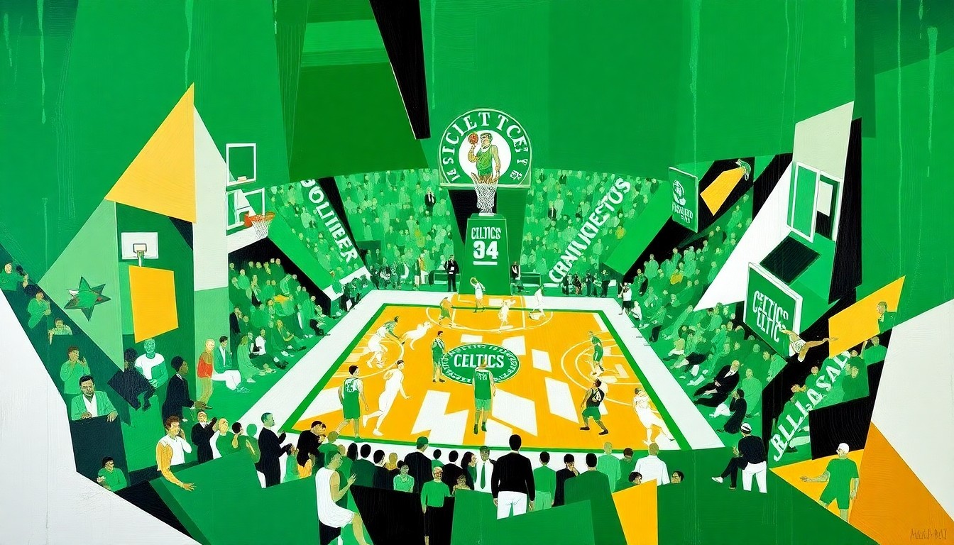 A cubist, geometric painting depicting a Celtics basketball game, with overlapping planes of green, white, and gold, capturing the team's energy and determination.