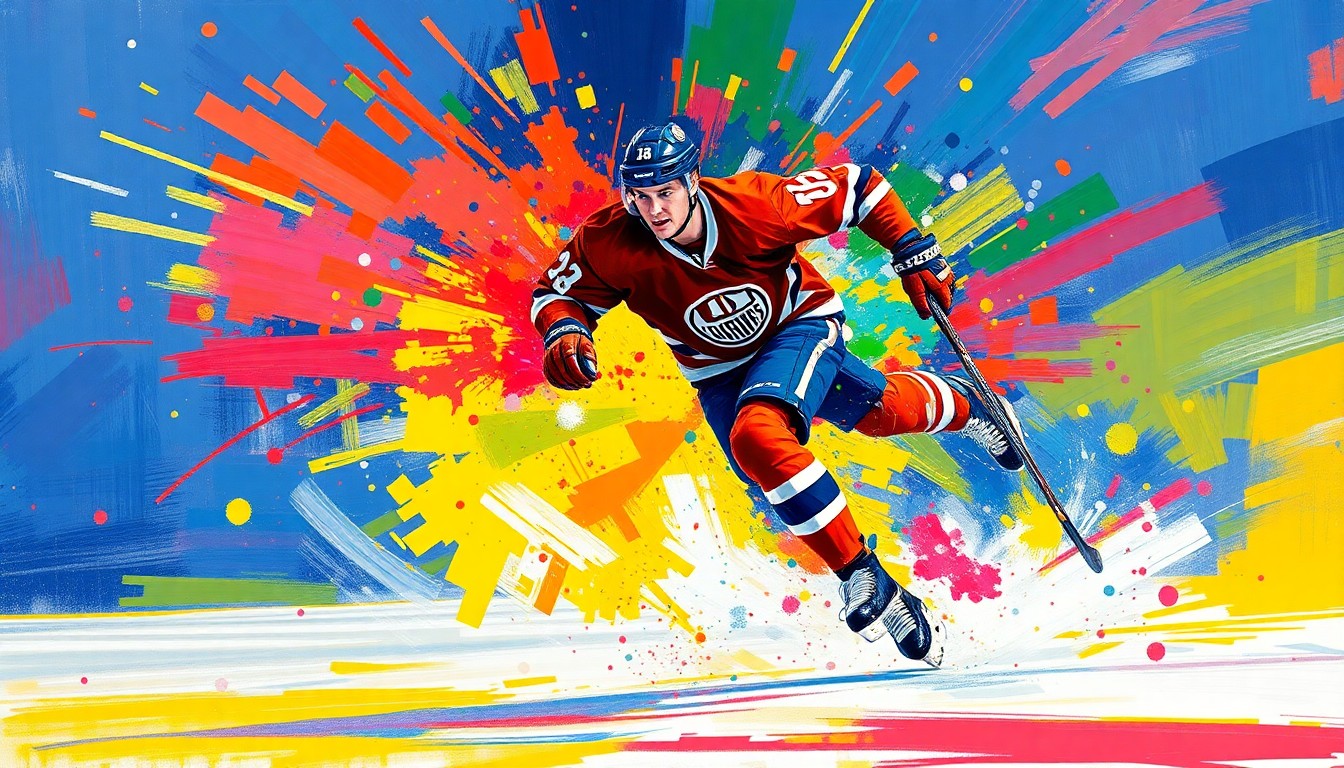 An abstract, expressionist painting featuring vibrant neon brushstrokes and splatters of color, capturing the raw energy and movement of a hockey player on the ice.