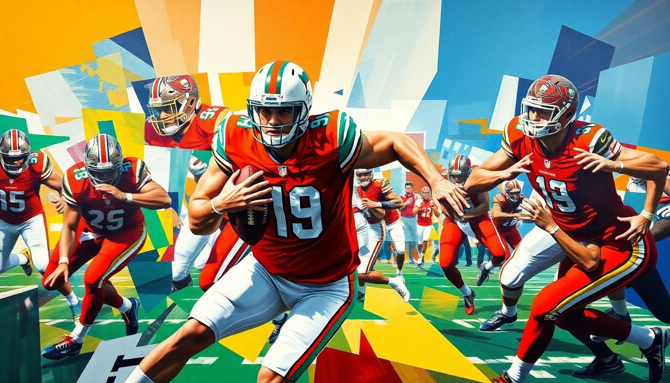 A fractured, geometric painting depicting a football player's pass rushing motion, with sharp planes of color representing the player's movements and the opposing team's uniforms.