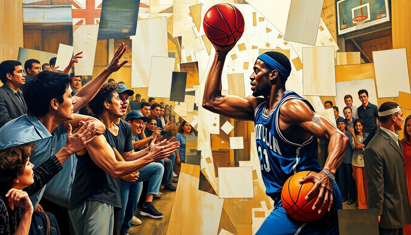 A cubist-style painting depicting a heated basketball confrontation between a player and a fan, with the scene broken down into sharp, overlapping geometric shapes and planes in vibrant colors.