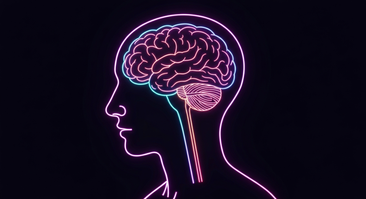 A minimalist, neon-outlined illustration of a person's head, with the brain and neural pathways glowing from within, representing the complex interplay between addiction and toxic relationship dynamics.