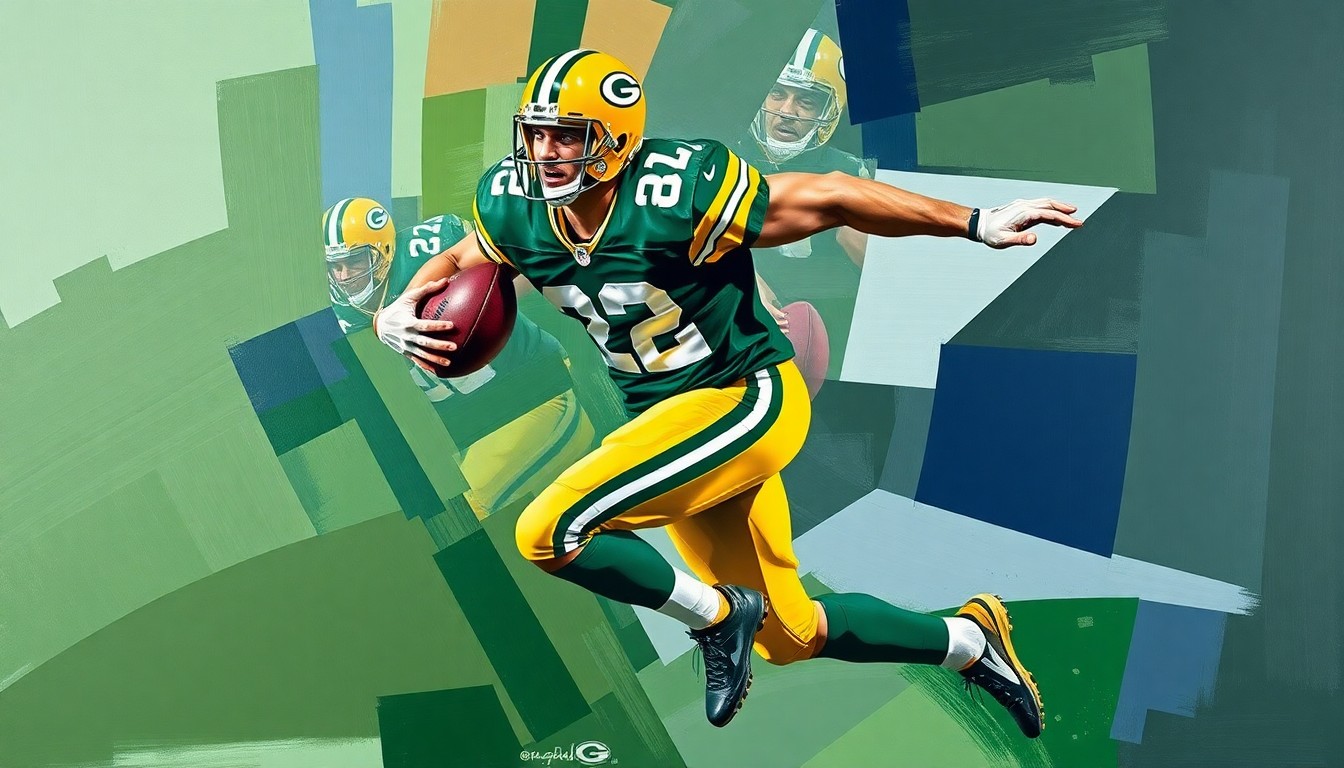 A fractured, geometric painting in the style of Pablo Picasso, showing a football player in motion with sharp, overlapping planes of green, gold, and navy blue, representing the Green Bay Packers.