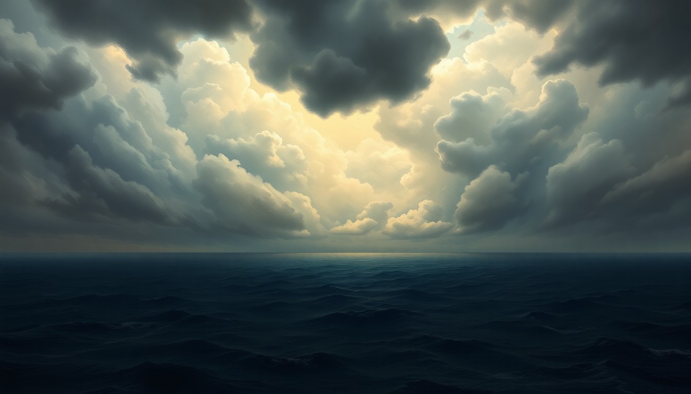 A sweeping, atmospheric landscape painting in muted tones of gray, blue, and green, depicting a stormy, turbulent sky over a calm, expansive ocean. The scene conveys the overwhelming, sublime scale of the natural world, with any physical structures or objects dwarfed by the powerful weather conditions.