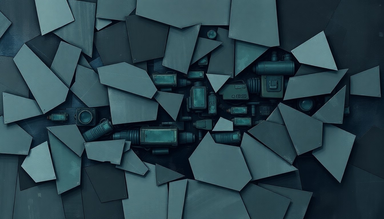 A conceptual abstract painting featuring overlapping, fractured geometric shapes in shades of grey, blue, and green, suggesting the rapid, disorienting pace of technological change in modern warfare.