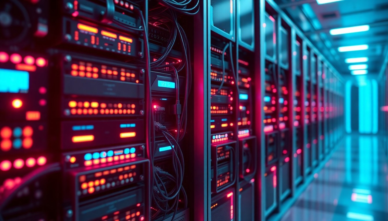 A highly detailed, glowing 3D illustration of a complex data center server rack, with neon cyan and magenta lights illuminating the intricate hardware components, conceptually representing the vulnerable digital infrastructure that underpins the global financial system.