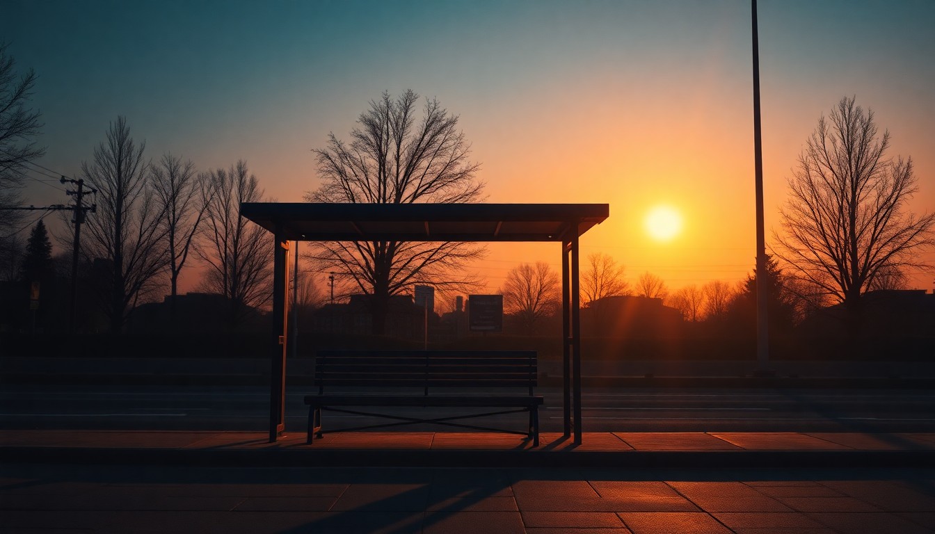 A dimly lit city bus stop bench, its wooden slats casting long shadows across the pavement, conveying a sense of solitude and the challenges of political leadership in an urban environment.