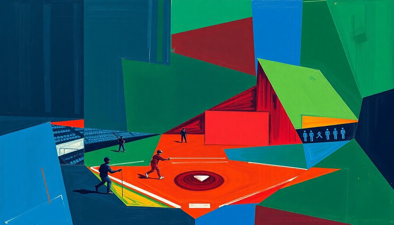 A cubist-style painting featuring overlapping geometric shapes in navy, green, and red, conceptually representing the dynamic action and energy of a high school softball game.