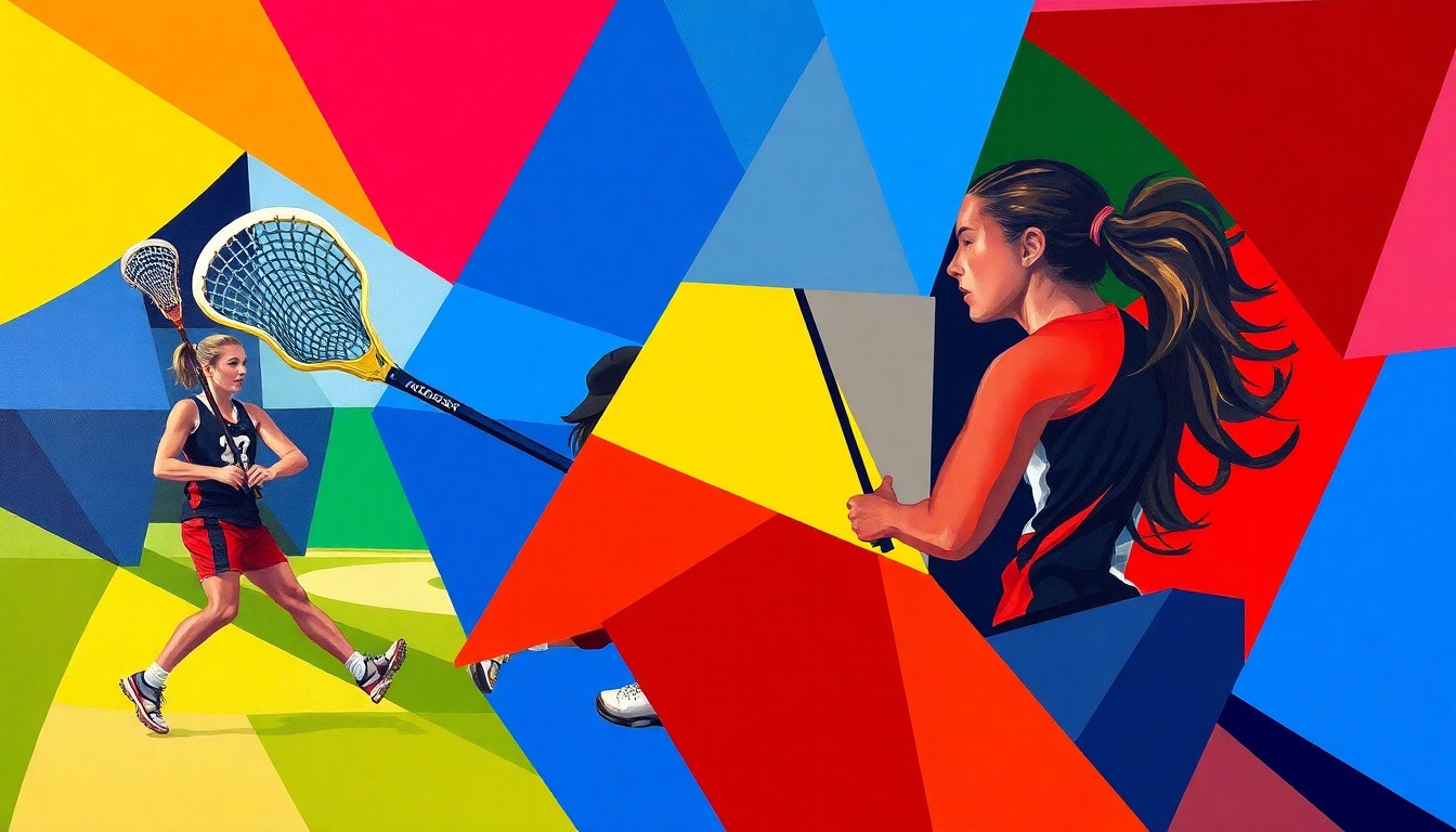 A fragmented, geometric painting depicting the motion and intensity of a girls lacrosse game, with players and the ball rendered as overlapping planes of color.