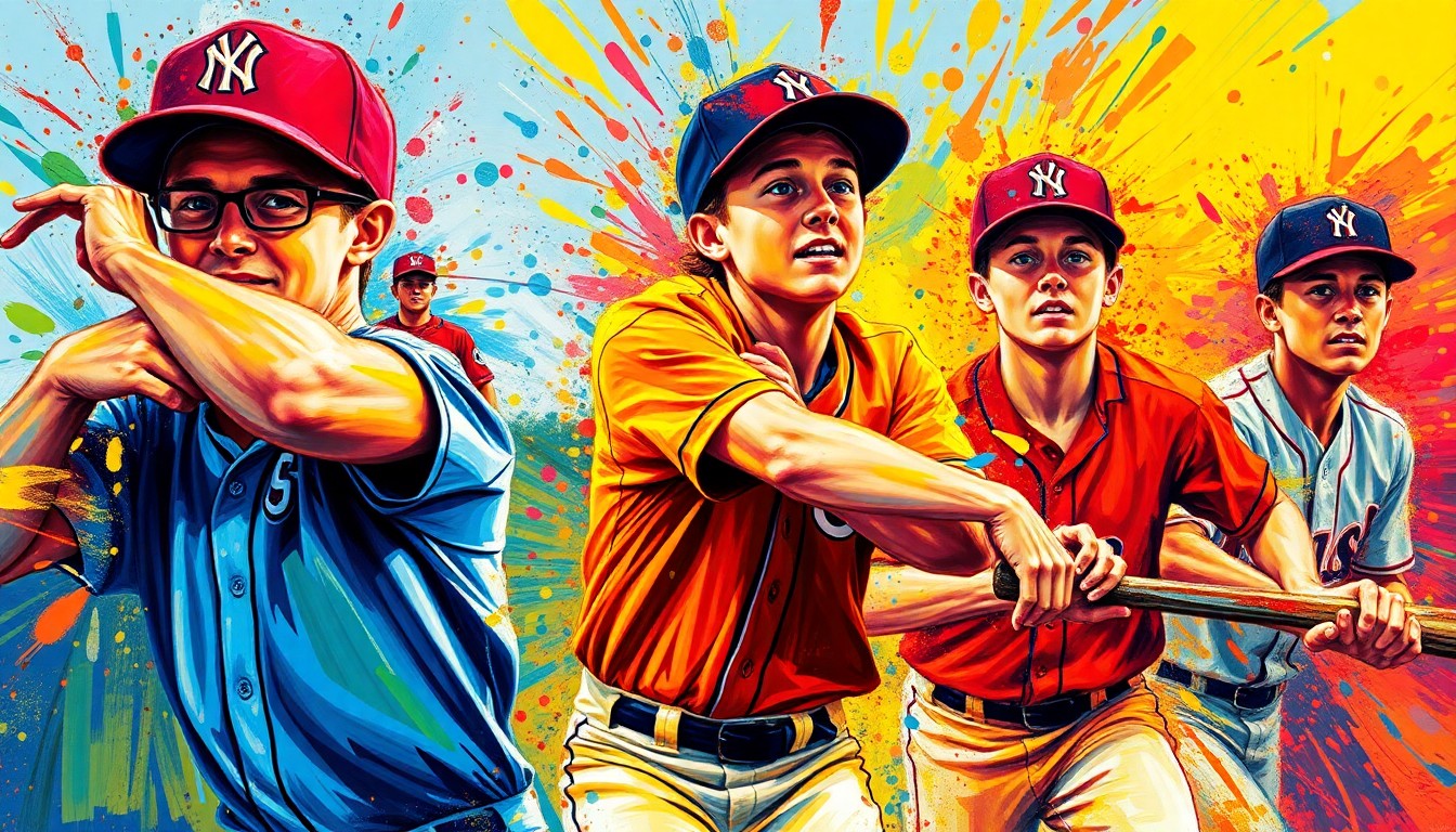 An abstract, energetic painting featuring bold brushstrokes and neon colors that capture the dynamic action of a high school baseball game.