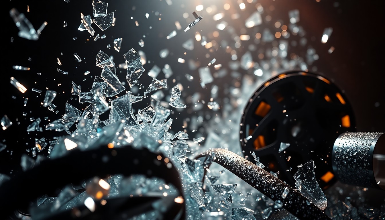 An abstract close-up image of shattered glass and glittering film reels, captured in dramatic high-contrast lighting to convey the glamour and drama of Hollywood's creative process.