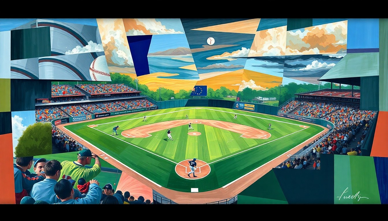 A fractured, geometric painting in the style of Picasso, with overlapping planes of color and shape representing the disruption and challenges of a high school baseball game interrupted by weather.
