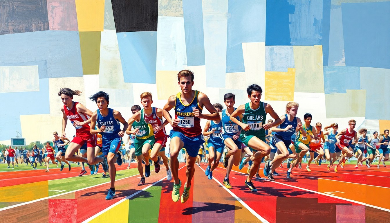 A cubist, geometric painting depicting overlapping planes of athletes in motion, with bright splashes of the teams' official colors throughout the abstract composition.