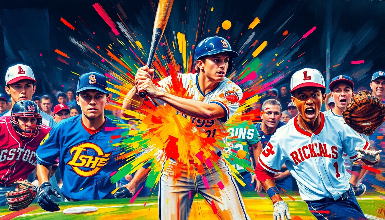 An abstract expressionist painting featuring vibrant neon brushstrokes and splatters of color, capturing the raw energy and motion of a high school baseball game between two rival teams.