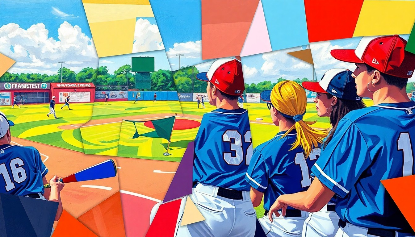 A cubist-style painting depicting a high school softball game broken down into fragmented geometric shapes and planes, using the vibrant colors of the players' uniforms and equipment.
