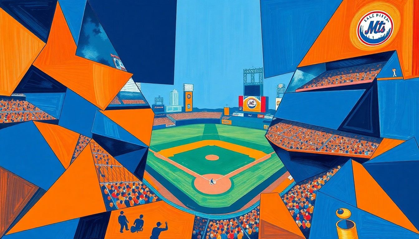 A fragmented, geometric painting in shades of blue and orange, capturing the chaotic energy of a baseball game through Picasso-esque abstraction.