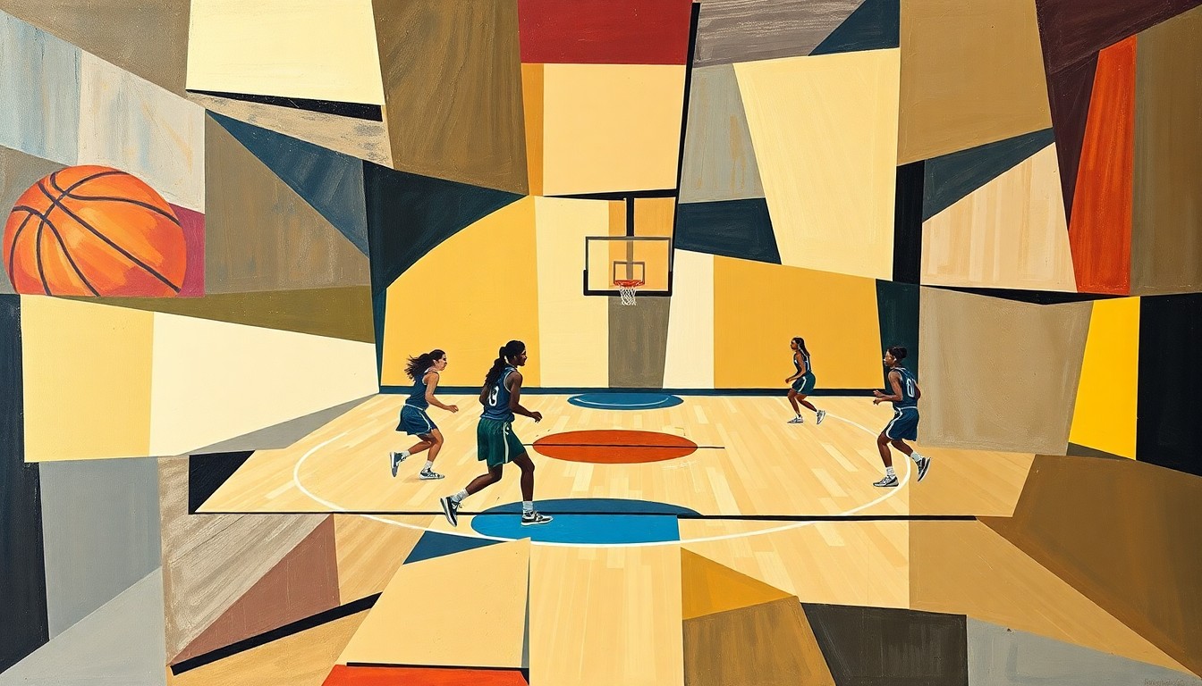 An abstract, cubist-style painting depicting a high school girls' basketball game, with the players and court rendered in sharp, overlapping geometric shapes and planes of color.