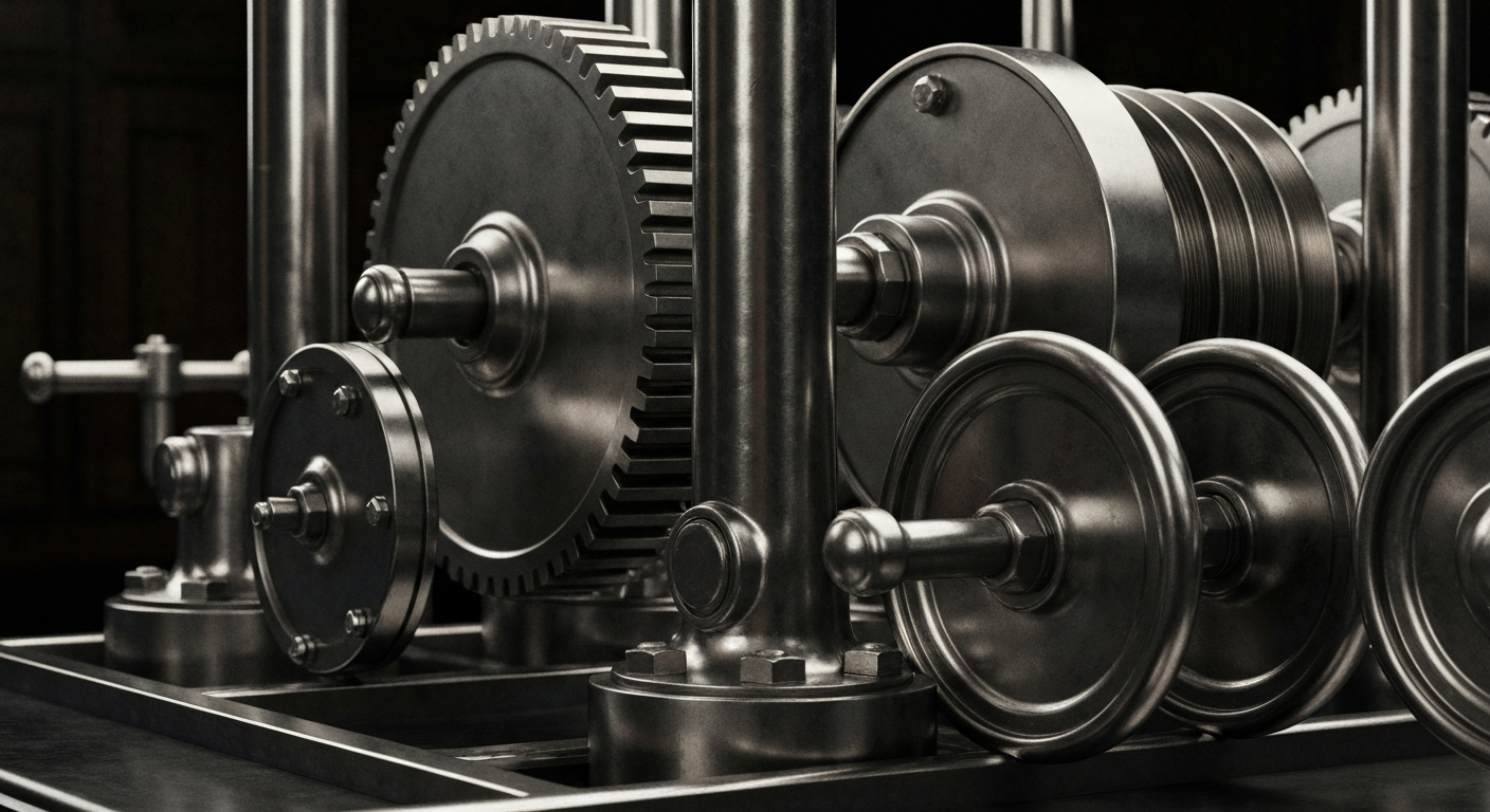 An extreme close-up of heavy, polished banking machinery and mechanisms, such as gears, pulleys, and levers, conveying a sense of financial security and institutional power without using literal currency or charts.