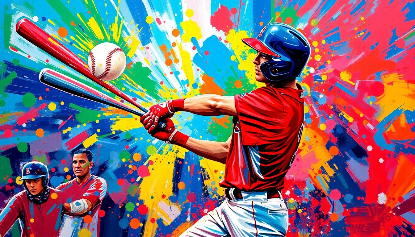 An extreme close-up of Xander Bogaerts' baseball bat making contact with the ball in a burst of vibrant, expressionist brushstrokes, capturing the raw energy and excitement of the game-winning hit.