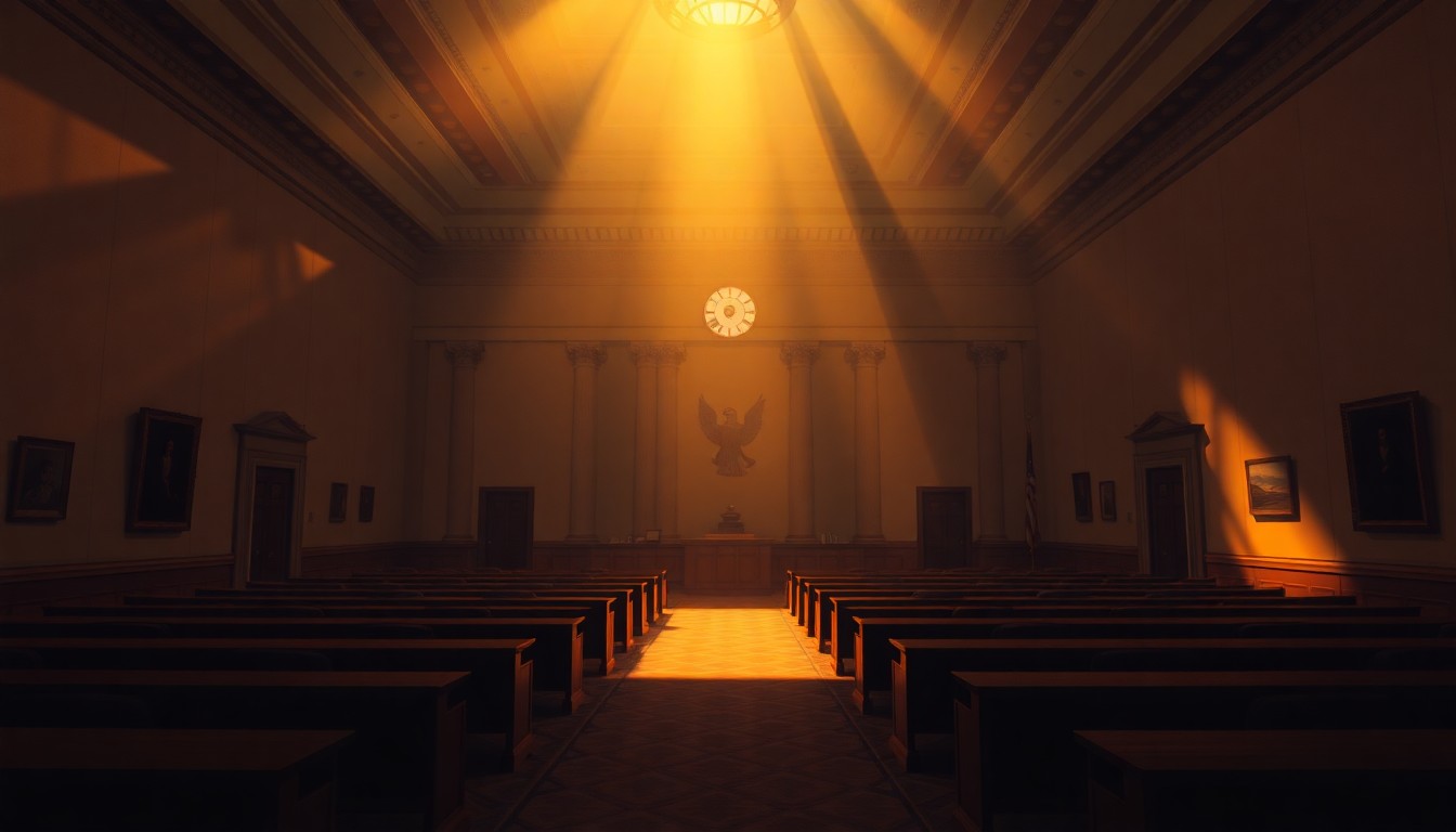 A dimly lit, cinematic painting of an empty government office or legislative chamber, with warm sunlight streaming through the windows and deep shadows casting a somber mood, conceptually representing the gravity of the Supreme Court's decision to uphold election integrity.