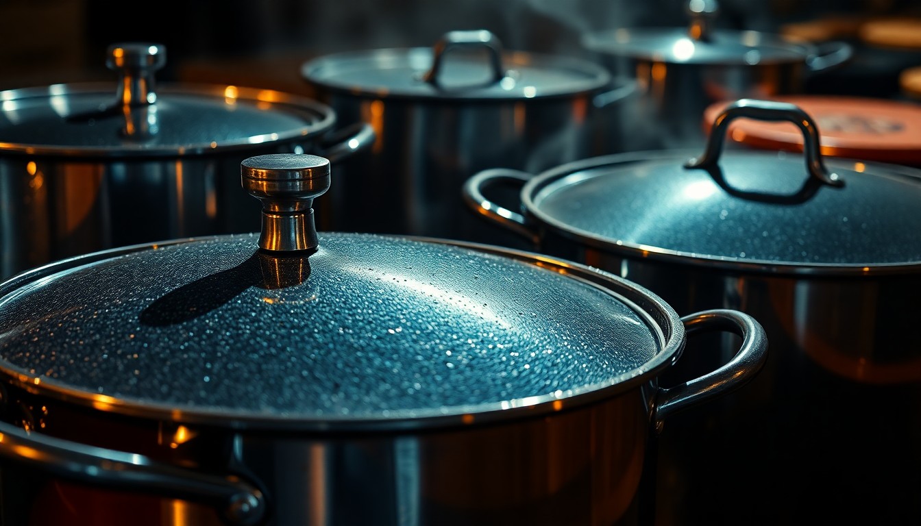 An extreme close-up photograph of shiny, metallic cooking utensils and rich, wooden surfaces, capturing the high-stakes glamour of competitive cooking shows.