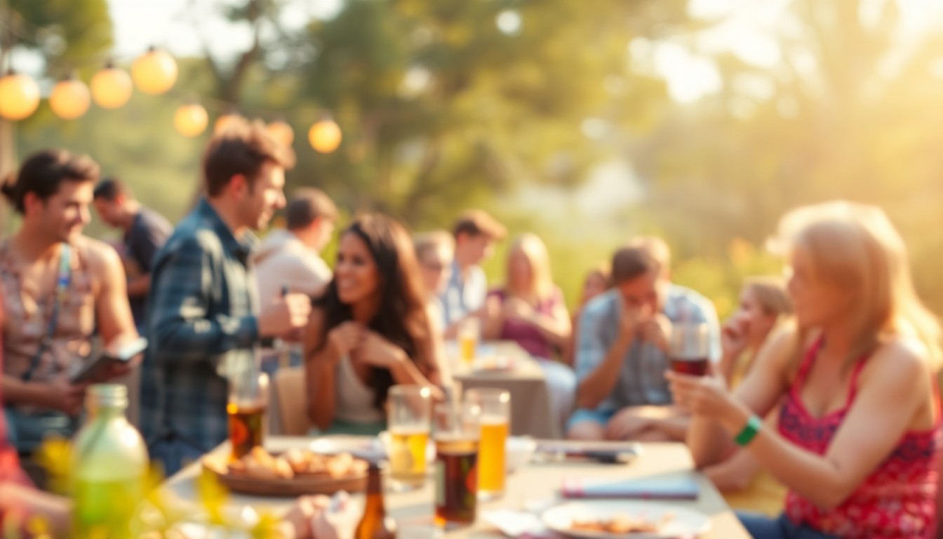 An abstract, dreamlike photograph in soft, warm tones depicting blurred figures engaged in various lifestyle activities like eating, listening to music, and exploring nature.