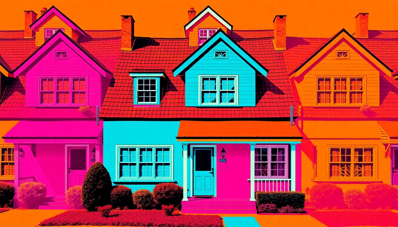 A vibrant, high-contrast silkscreen print depicting the exterior of a classic cottage-style home, with the image repeated in a grid pattern using bold, unnatural colors to create a modern pop art aesthetic.