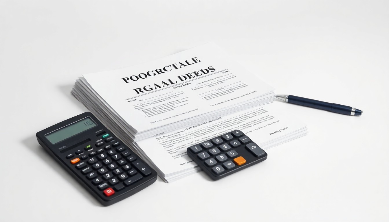 A photorealistic studio still life featuring a stack of property deeds, a calculator, and a pen on a clean white background, symbolizing the financial and legal complexities of municipal real estate transactions.