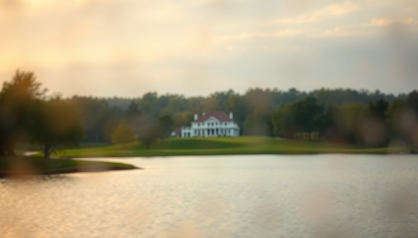 An abstract, impressionistic scene of a blurred lakeside golf course with a single, indistinct house in the foreground, captured in soft, warm pools of color and light.