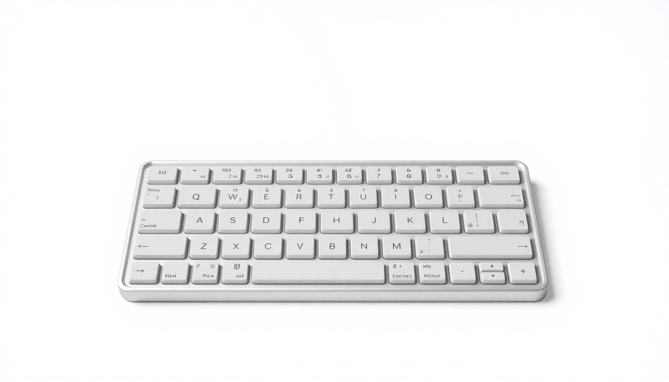 An extreme close-up of a sleek, minimalist iPhone keyboard rendered in muted greys and whites, conveying a sense of precision engineering and design that enhances the typing experience.