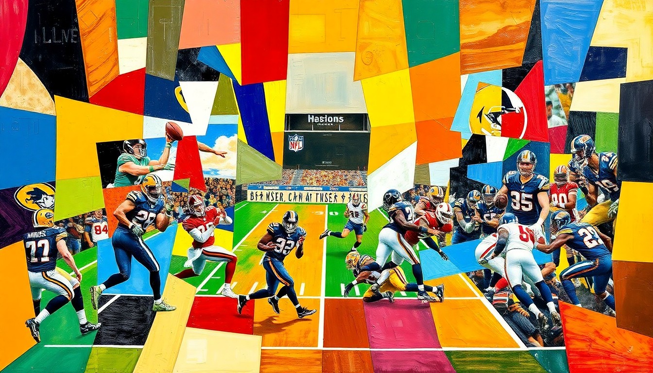 A cubist-style painting featuring fragmented geometric shapes and planes in various shades of blue, green, and orange, conceptually representing the strategic maneuvering of NFL teams during the franchise tag period.