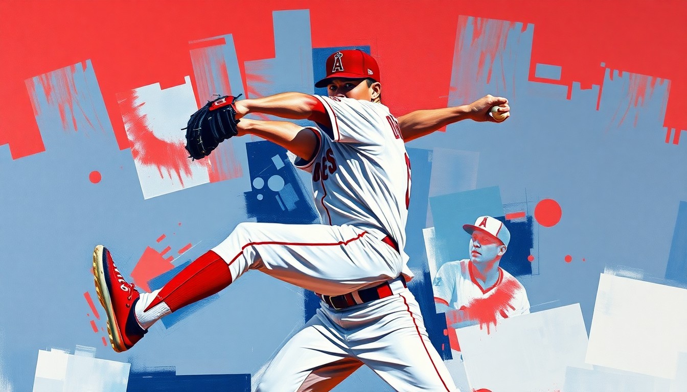 A cubist-style painting depicting a baseball pitcher's windup and delivery broken down into sharp, overlapping geometric shapes in the Angels' official team colors of red, white, and navy blue, conceptually representing the analytical complexity of evaluating the team's pitching staff.