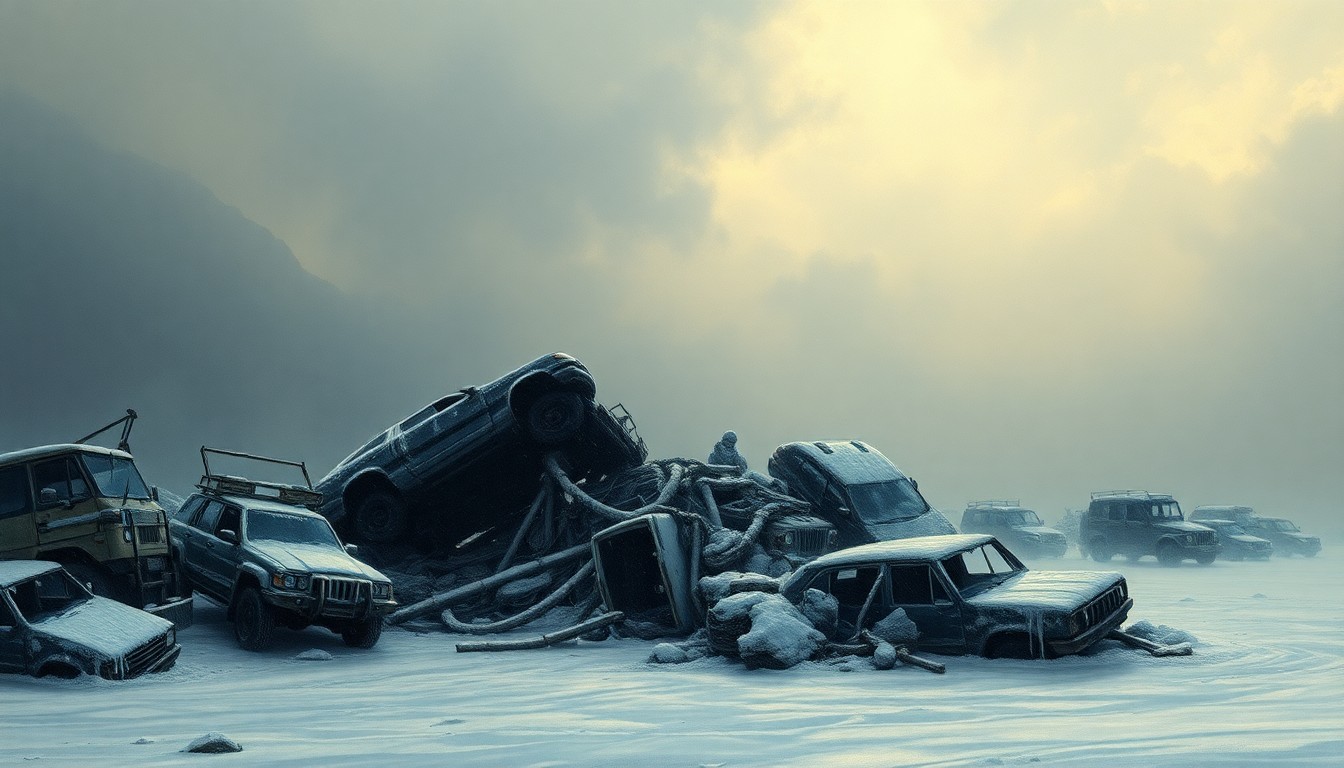 A sweeping, atmospheric landscape painting depicting a vast, snowy expanse with the twisted wreckage of vehicles barely visible through the blinding white haze, conveying the overwhelming power of the winter storm.