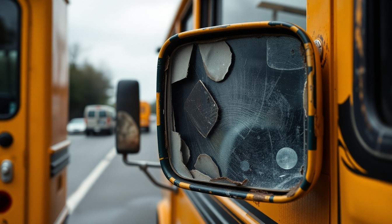 An extreme close-up photograph of a cracked and damaged school bus side mirror, conveying the serious consequences of the recent crashes on this busy Jacksonville road.