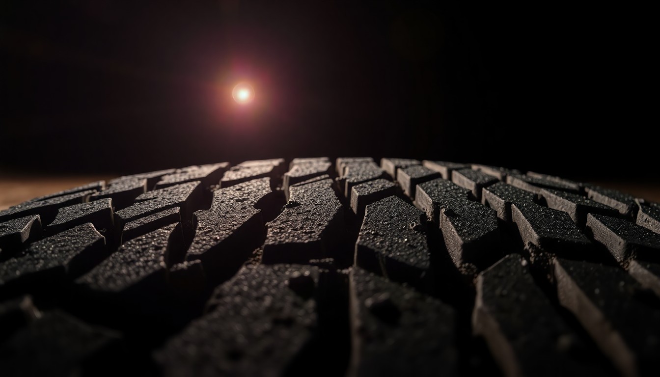 An extreme close-up photograph of a shredded tire tread on the asphalt, lit by a harsh, direct camera flash against a pitch-black background, conceptually illustrating the aftermath of a high-speed police chase.