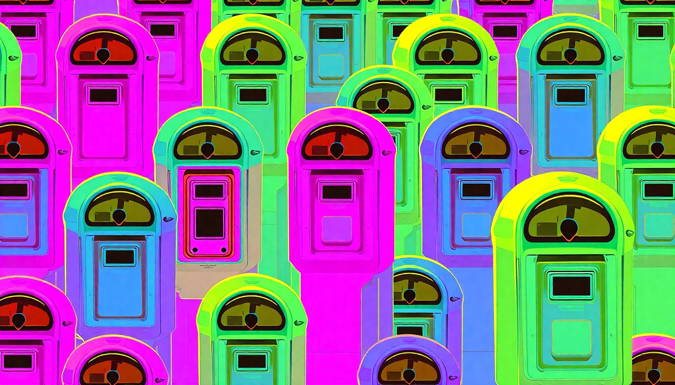 A bold, abstract silkscreen print featuring a repeated icon of a parking meter in a grid of bright, neon-like colors, conceptually representing the modernization of Jacksonville's parking system.