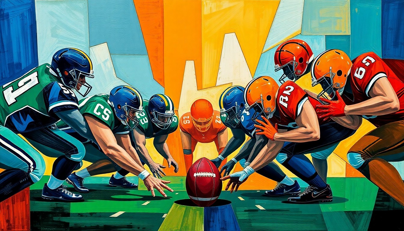 A cubist-style painting depicting a fragmented, geometric interpretation of a football offensive line, with sharp planes of color representing the players' movements and interactions.
