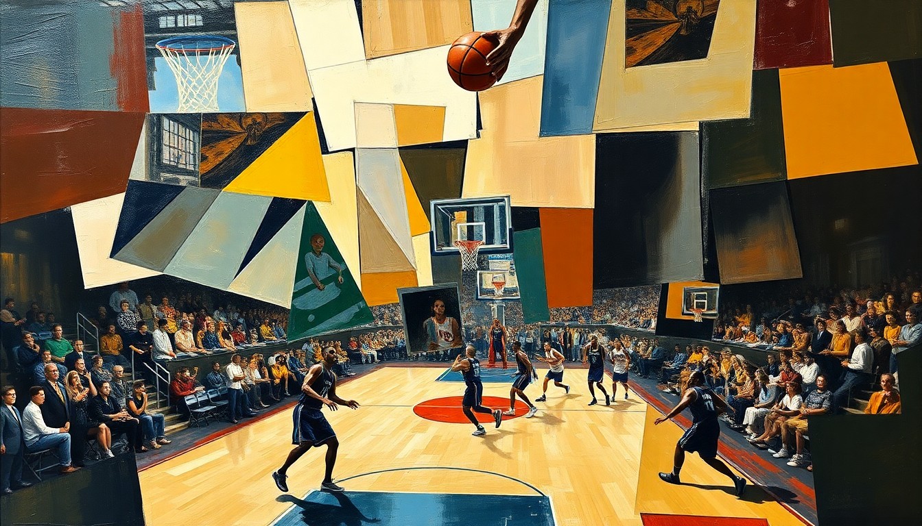 A cubist, geometric painting depicting a basketball game or match, with sharp, overlapping planes of color and form, capturing the dynamic energy and movement of the sport.