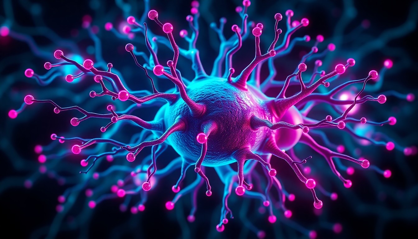 A highly detailed, glowing 3D illustration of a cluster of interconnected neurons, illuminated by neon cyan and magenta lights, representing the fusion of biological and digital computing.