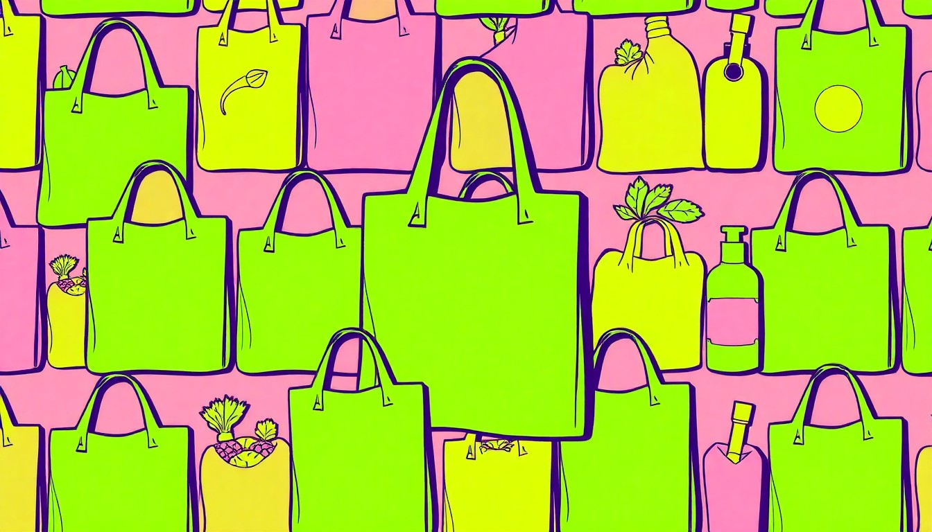 A highly stylized, repeating pattern of a single organic grocery item like a reusable shopping bag or a bunch of carrots, rendered in a bold, neon color palette with heavy black outlines, conceptually representing the enduring community values and mission-driven retail of Rainbow Grocery.