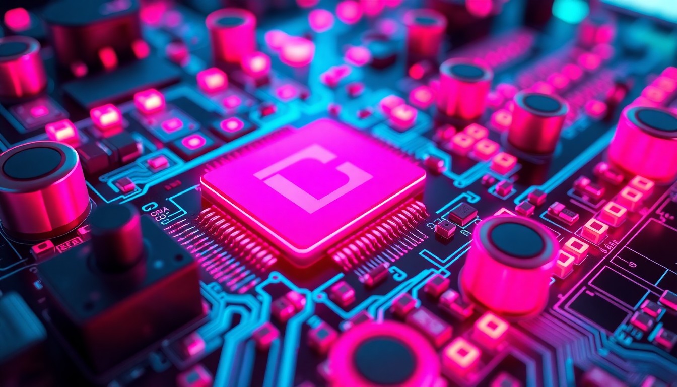 A highly detailed, three-dimensional illustration of a futuristic computer chip or circuit board, with intricate components illuminated by vibrant neon cyan and magenta lights, conceptually representing the technological advancements that have driven Nvidia's growth.