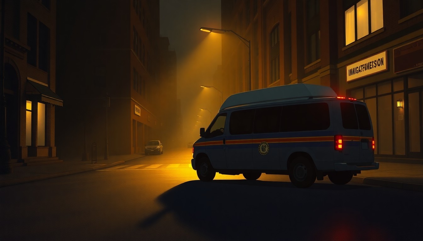 A photorealistic painting of a lone immigration enforcement vehicle parked on a dimly lit city street, with warm sunlight casting dramatic shadows across the scene, conveying a sense of solitude and unease.